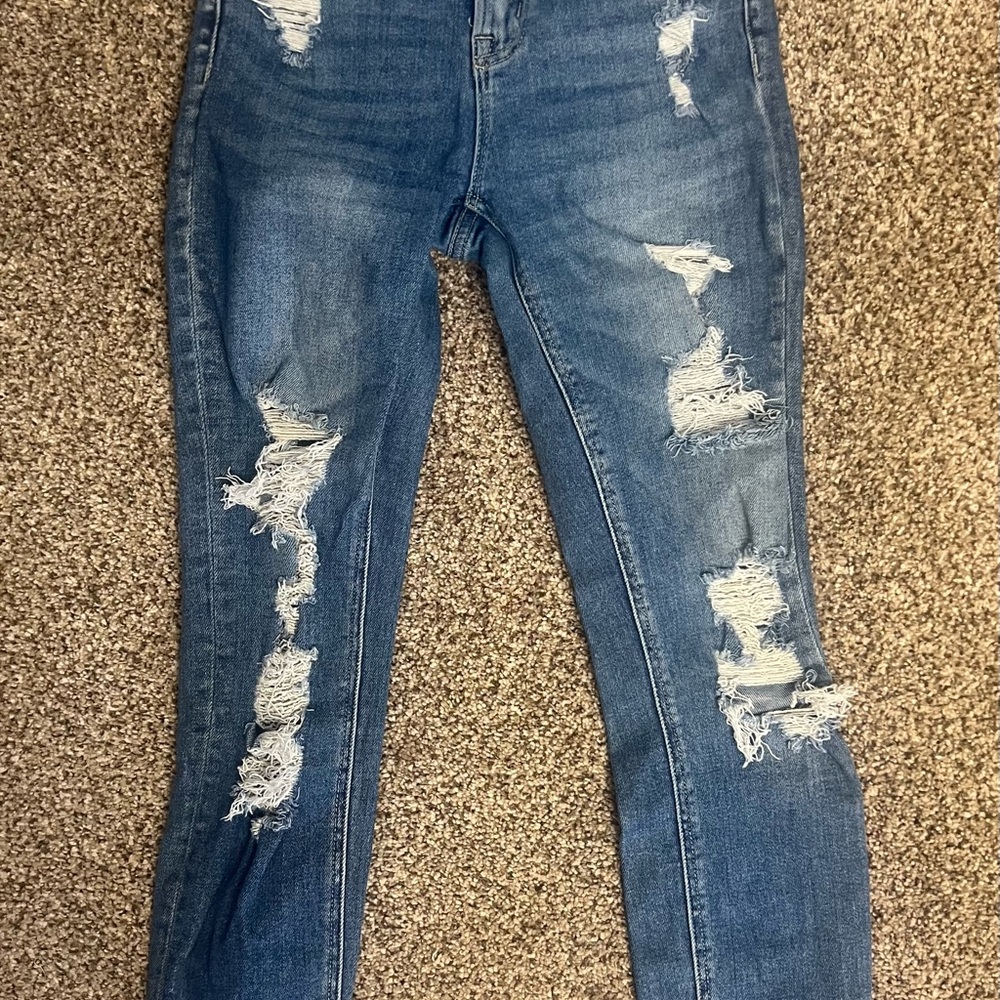 Trendy Blue Skinny Jeans with Distressed Details